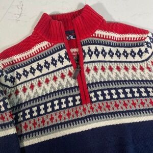 IZOD Fair Isle Knit Quarter-Zip Sweater Men's Medium Red White Navy